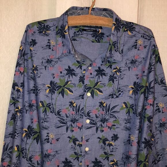Nautica XXL Chambray Tropical Print Blue Button Down Casual Long Sleeve Shirt - Picture 4 of 13